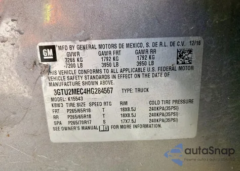 2017 GMC Sierra K1500 Sle z USA, uszkodzony, nr VIN 3GTU2MEC4HG284567